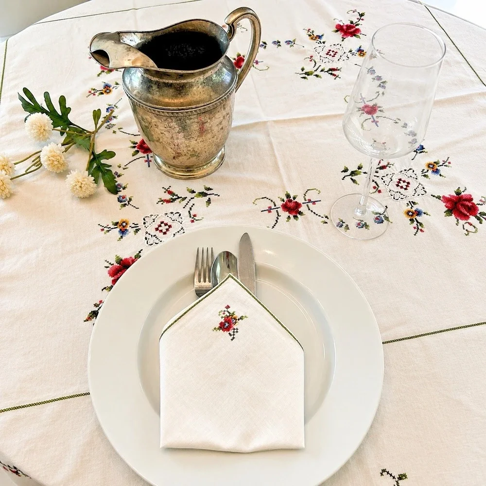 Vintage Hand Embroidered Linen Cross Stitch Tablecloth 7 Napkins Floral 63 x 63